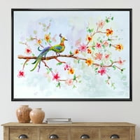 Мала птица што седи на цветање гранка врамена сликарство платно уметнички принт