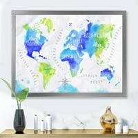 Дизајнарт Мапа На Светот Во Сина И Зелена Боја Модерна Врамена Уметност Печати