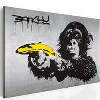 Tiptophomedecor Истечано платно улична уметност - Банкси: Мајмун со бетон од банана - истегната и врамена подготвена за виси уметност