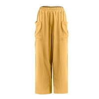 Памучни постелнини панталони за жени со цврста боја тренинг Еластична половината исечени панталони за слободно време дами џебни