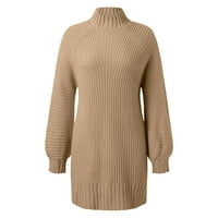 Cuekondy фустан за жени есенски зимски долг ракав теринг со цврста боја, обичен џемпер џемпер женски фустан
