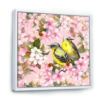 Птици на розова цреша Сакура и цвеќиња од јаболка, јас го враменив сликарското платно уметничко печатење