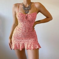 Женски фустани женски бохо одмор без ракави мини V-вратот за отсекување розов XL