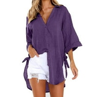 Виолетова Блуза Со Копчиња Виолетова Мода Памучни Бохо Блузи и Блузи Плус Големина Туника До Лактот Врвови За Жени Памучно Копче