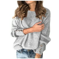 Женска Мода Еднобоен Пуловер Тркалезен Врат Топол Џемпер Со Долги Ракави