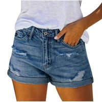 Женски летни панталони, женски џебни цврсти фармерки тексас панталони женски дупка долни обични шорцеви