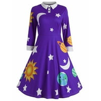 Ројалов Мода Жени Сонце И Месечина Ѕвезда Печатење Ботон Долги Ракави Одблесокот Гроздобер Фустан фустани за жени 