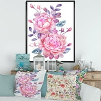 DesignArt 'розови ретро цвеќиња со сини лисја на бело' традиционално врамено платно wallидно печатење
