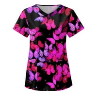 Женска Мода пеперутка печатени V Вратот Краток Ракав Работна Облека Со Џебови Блузи S-2XL